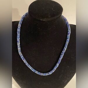 Blue Beaded Necklace with beaded toggle clasp